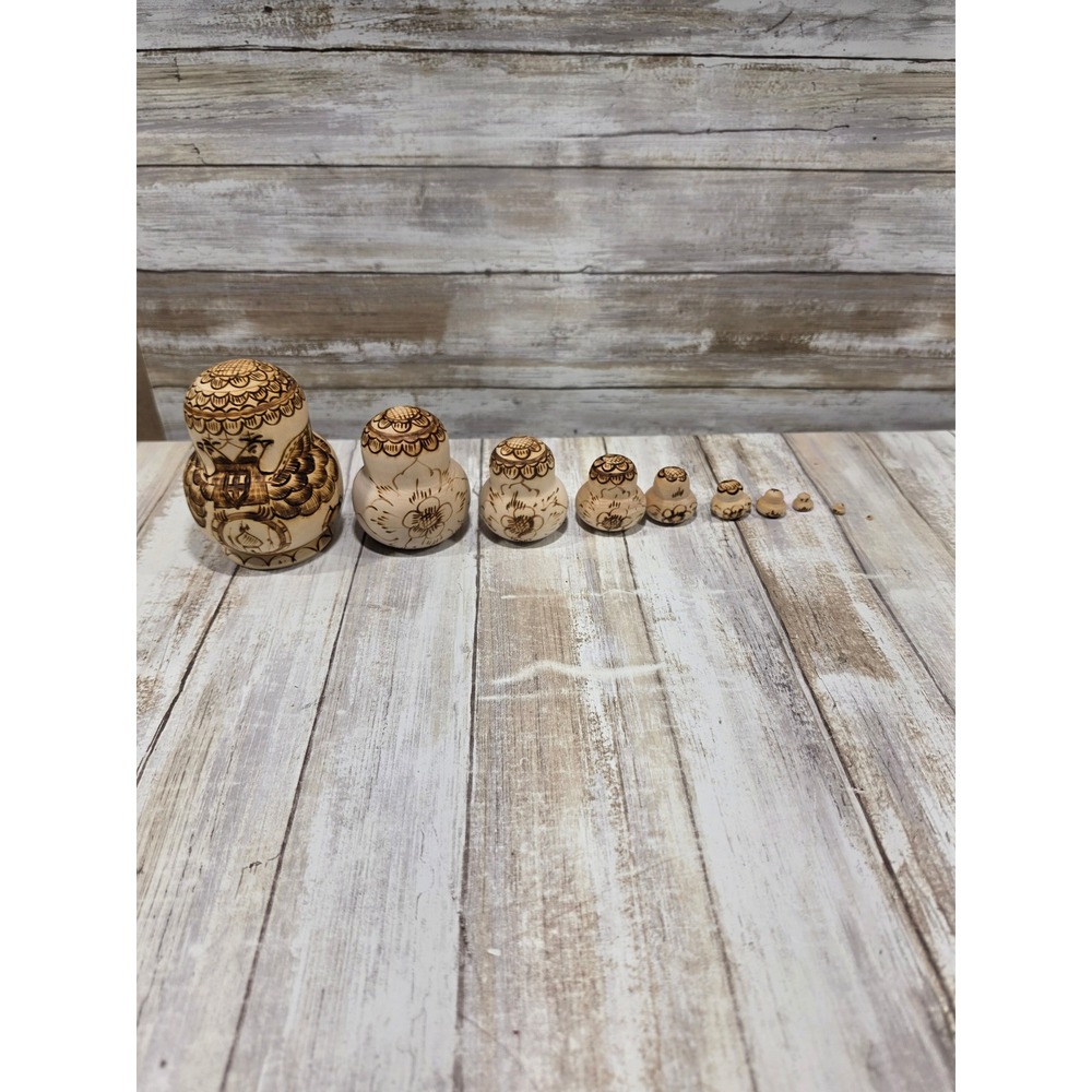 Russian Nesting Dolls Matryoshka Set of 10 Wood Burned Pyrography Folk Art Decor - Picture 6 of 16